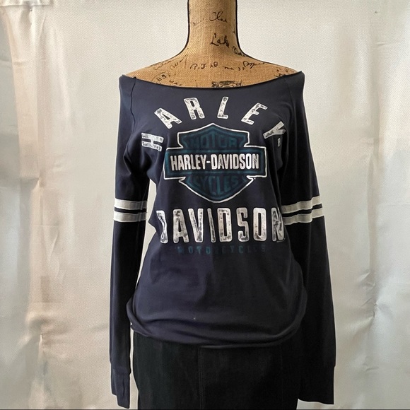 Harley-Davidson Tops - NWOT Harley Davidson Women’s Blue LS Off Shoulder TShirt Size M